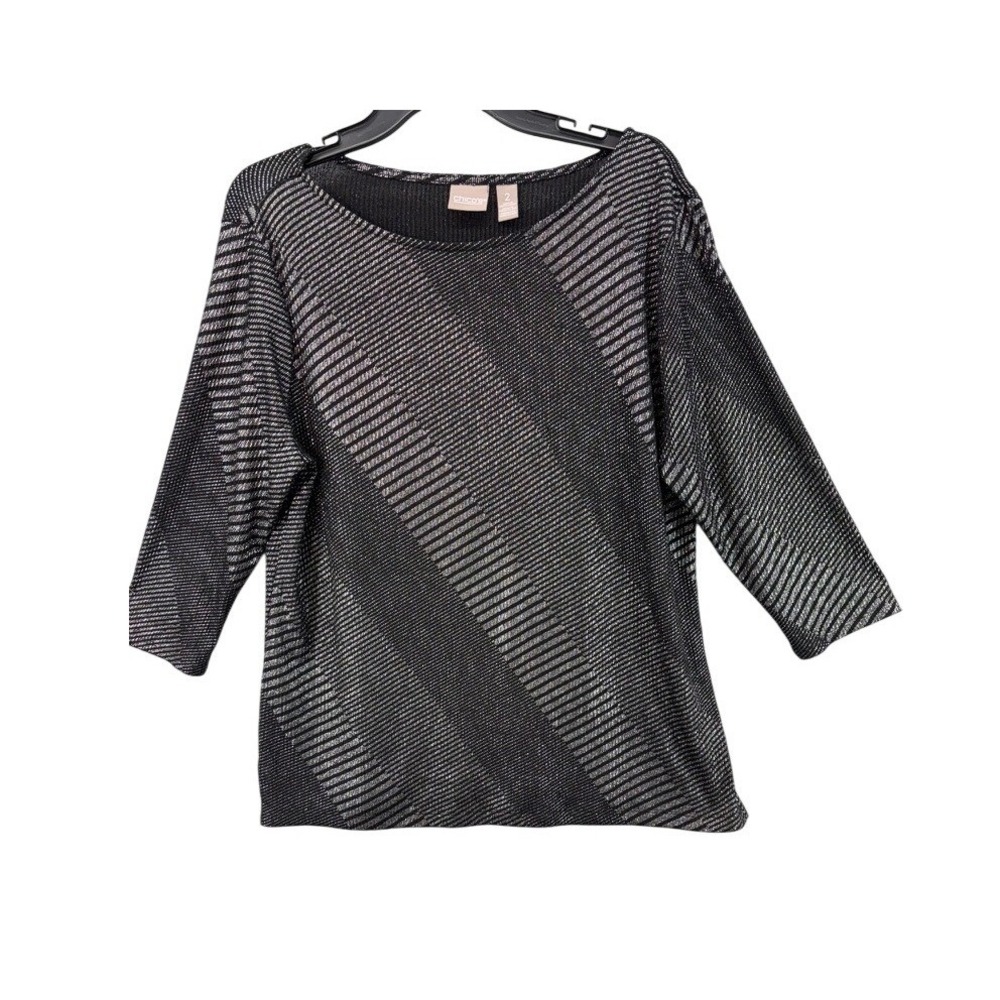 Chico's‎ Sweater Womens Sz 2 Large Metallic Striped Black Silver 3/4 Sleeve Knit
